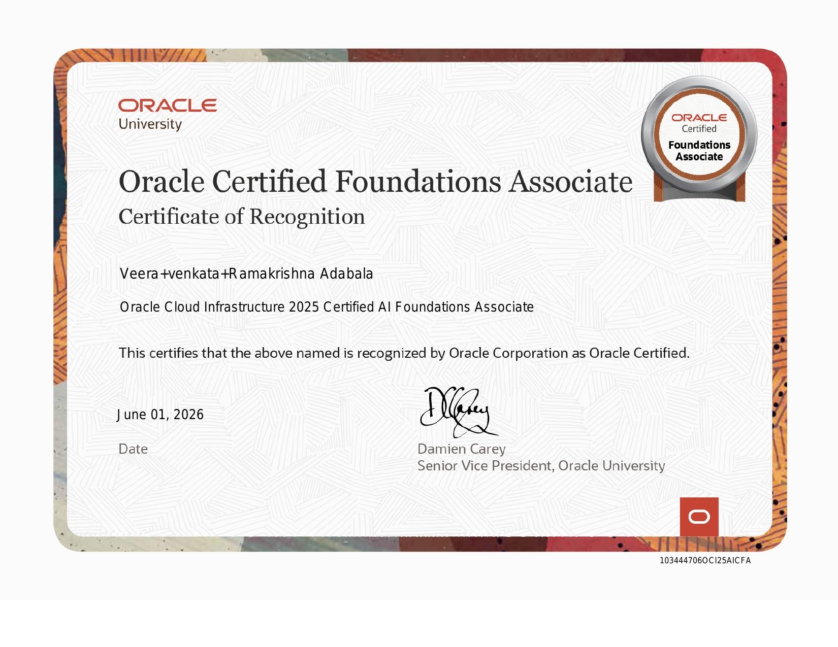 Oracle Cloud Infrastructure 2025 Certified AI Foundations Associate certificate issued by Oracle University