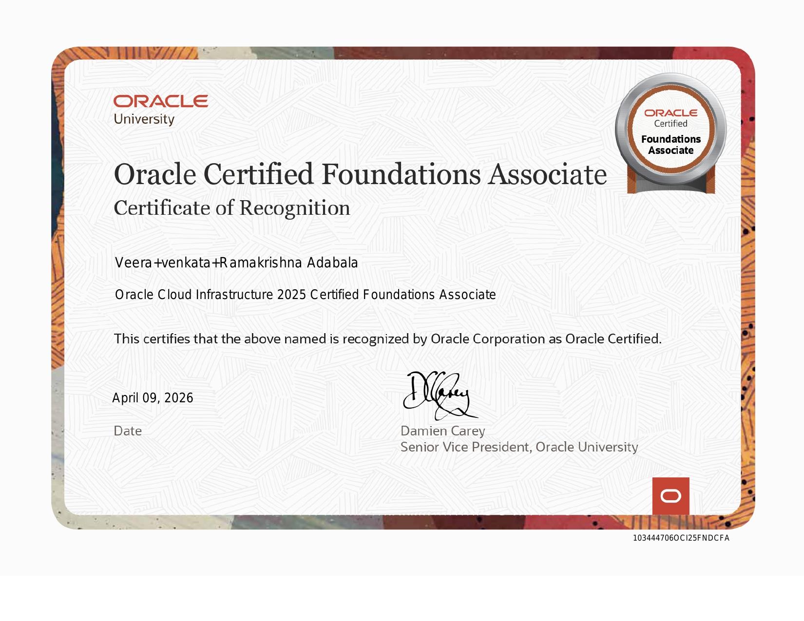 Oracle Cloud Infrastructure 2025 Certified Foundations Associate certificate issued by Oracle University