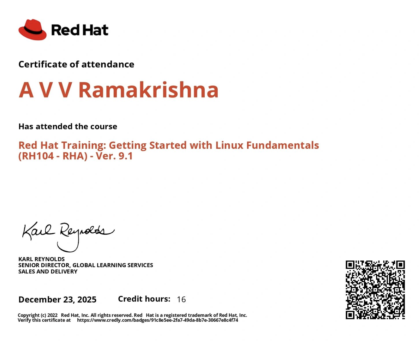 Red Hat Training: Getting Started with Linux Fundamentals (RH104) certificate issued by Red Hat